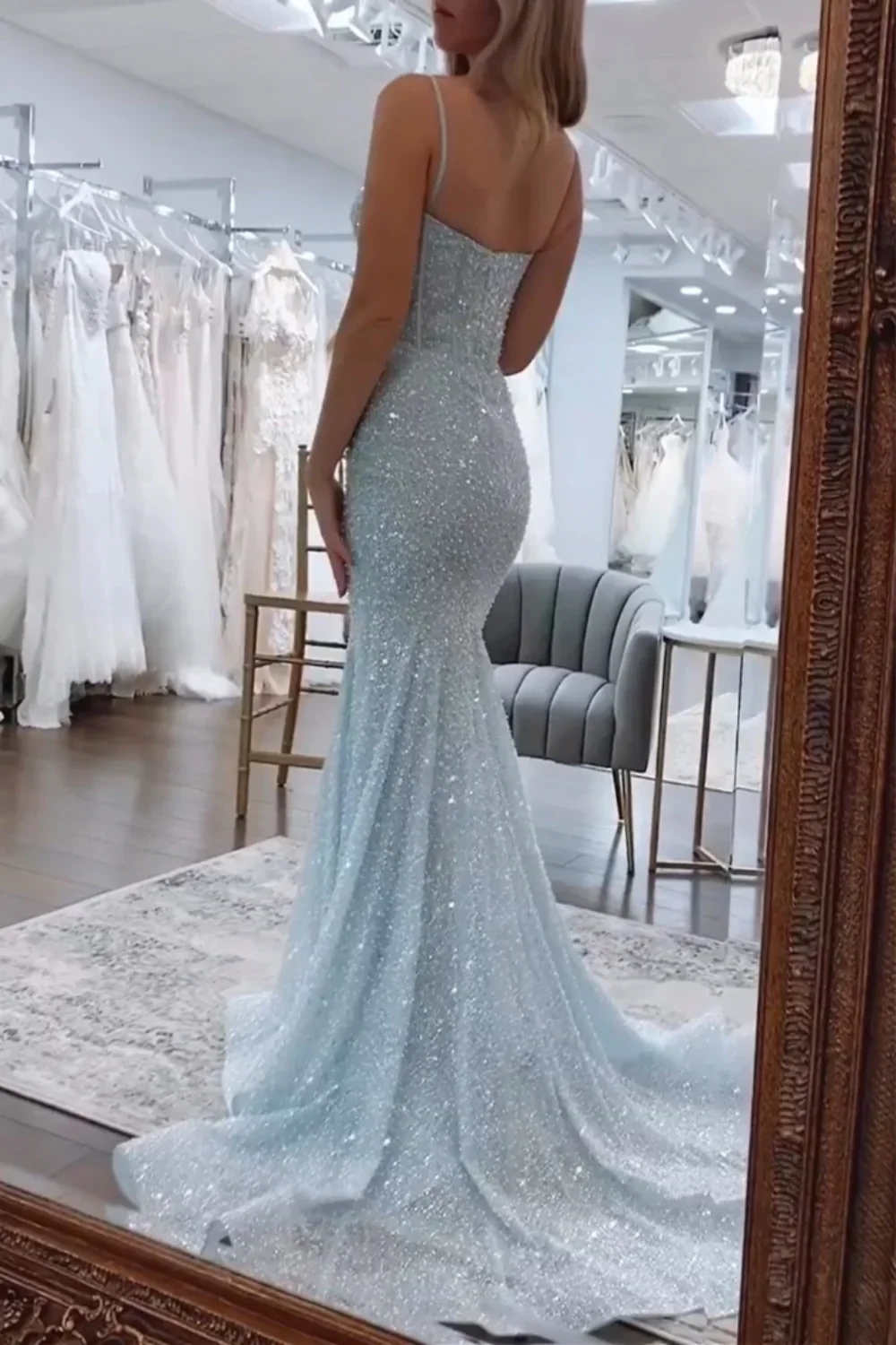 Light Mermaid Spaghetti Straps Long Beaded Prom Dress