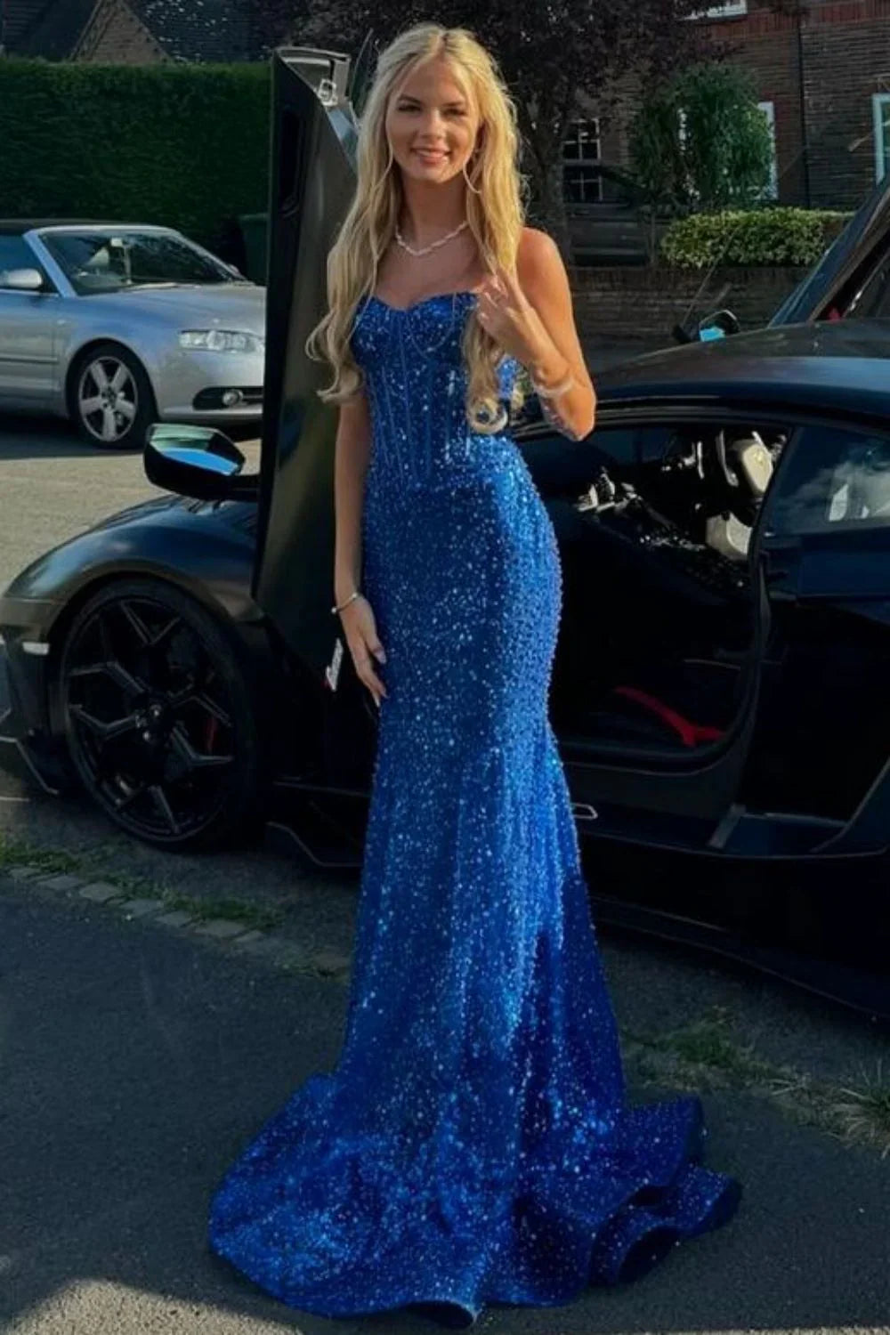 Light Mermaid Spaghetti Straps Long Beaded Prom Dress