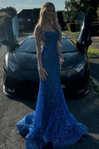 Light Mermaid Spaghetti Straps Long Beaded Prom Dress