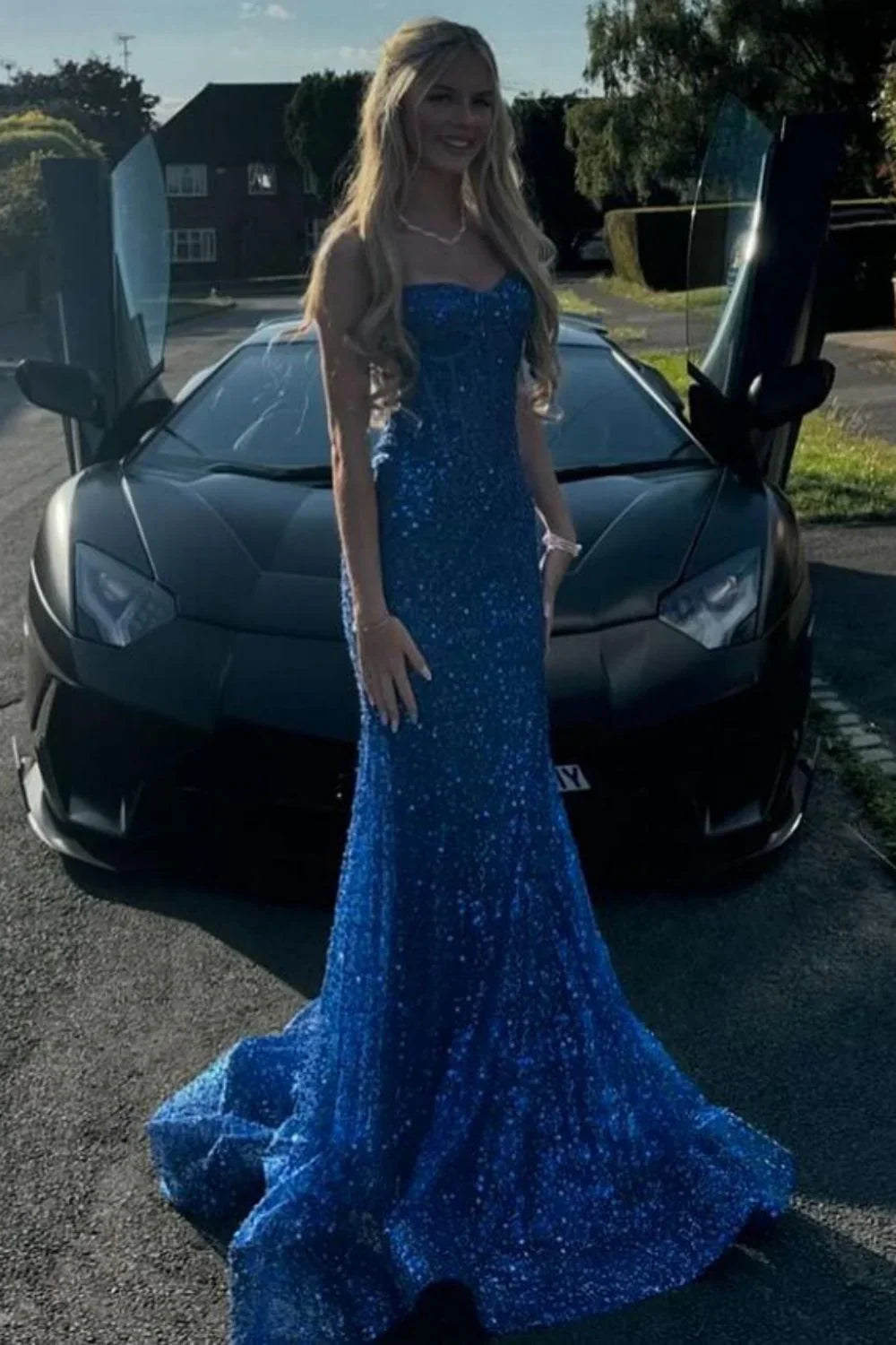 Light Mermaid Spaghetti Straps Long Beaded Prom Dress