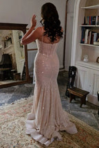 Light Mermaid Spaghetti Straps Long Beaded Prom Dress