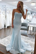 Light Mermaid Spaghetti Straps Long Beaded Prom Dress