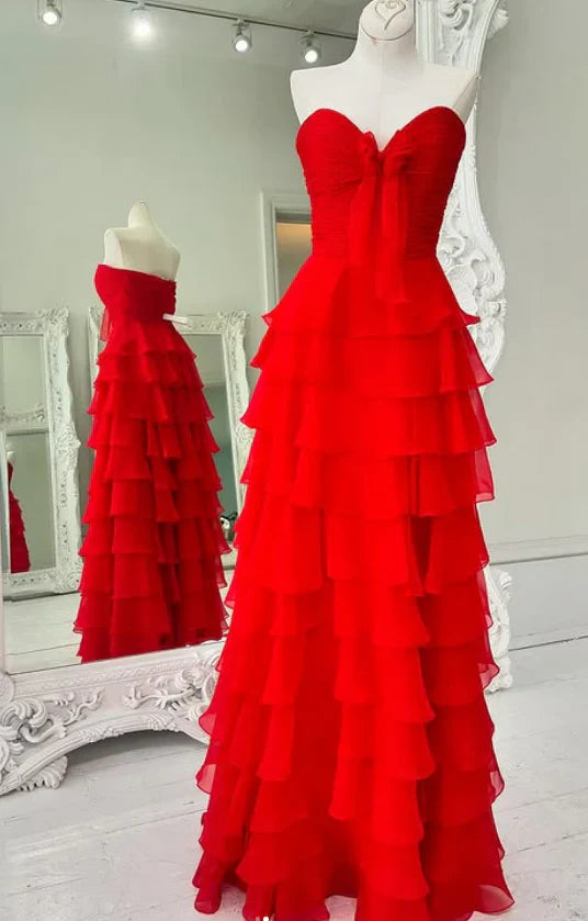 Langes Chiffon-Abendkleid mit Schleife am Oberteil und Rüschenrock