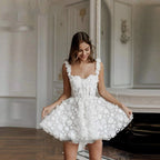Minivestido de novia sencillo con tirantes finos, encaje, sin mangas, escote corazón, vestido de fiesta