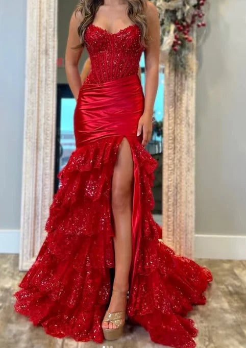 Rotes, langes Meerjungfrauen-Abendkleid mit Rüschenrock