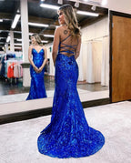 Vestidos de fiesta largos de sirena con escote en V y lentejuelas azul real con encaje