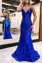 Vestidos de fiesta largos de sirena con escote en V y lentejuelas azul real con encaje