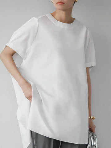 High-Low Loose Elasticity Solid Color Split-Side Rundhals-T-Shirts Tops 