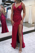Sparkly V Neck Sequins Long Prom Dress with Slit