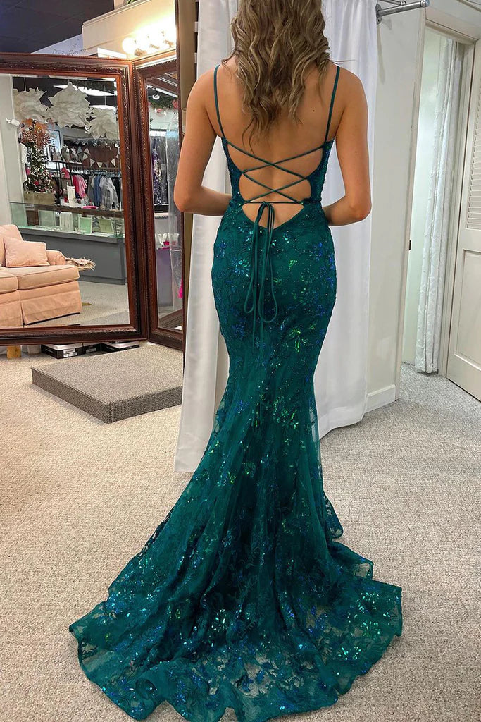 Vestido de noche largo estilo sirena con encaje y lentejuelas