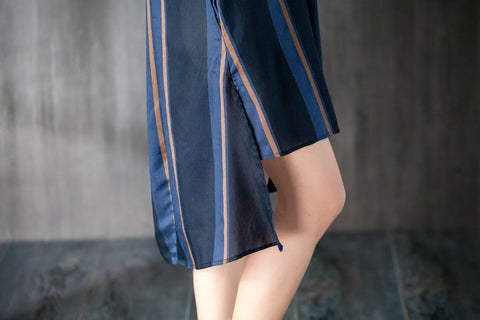 Short Sleeves Stripe Women Dress with Ribbon