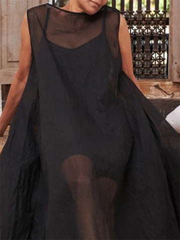 Vestido midi de corte A, suelto, con bolsillos, transparente, color liso, cuello redondo 
