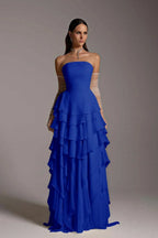 Bezauberndes, trägerloses, ärmelloses, langes Rüschen-Abendkleid