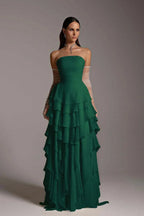 Bezauberndes, trägerloses, ärmelloses, langes Rüschen-Abendkleid