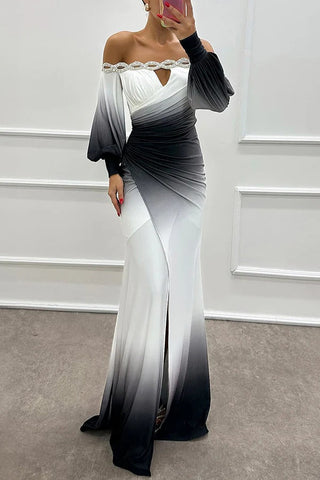 Vestido largo Julieta con escote barco, hombros descubiertos, abertura y detalle de gemas con estampado degradado