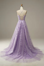 A-Line Spaghetti Straps Long Prom Dress with Appliques