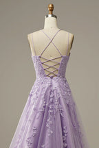 A-Line Spaghetti Straps Long Prom Dress with Appliques