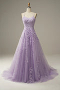 A-Line Spaghetti Straps Long Prom Dress with Appliques