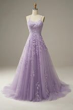 A-Line Spaghetti Straps Long Prom Dress with Appliques