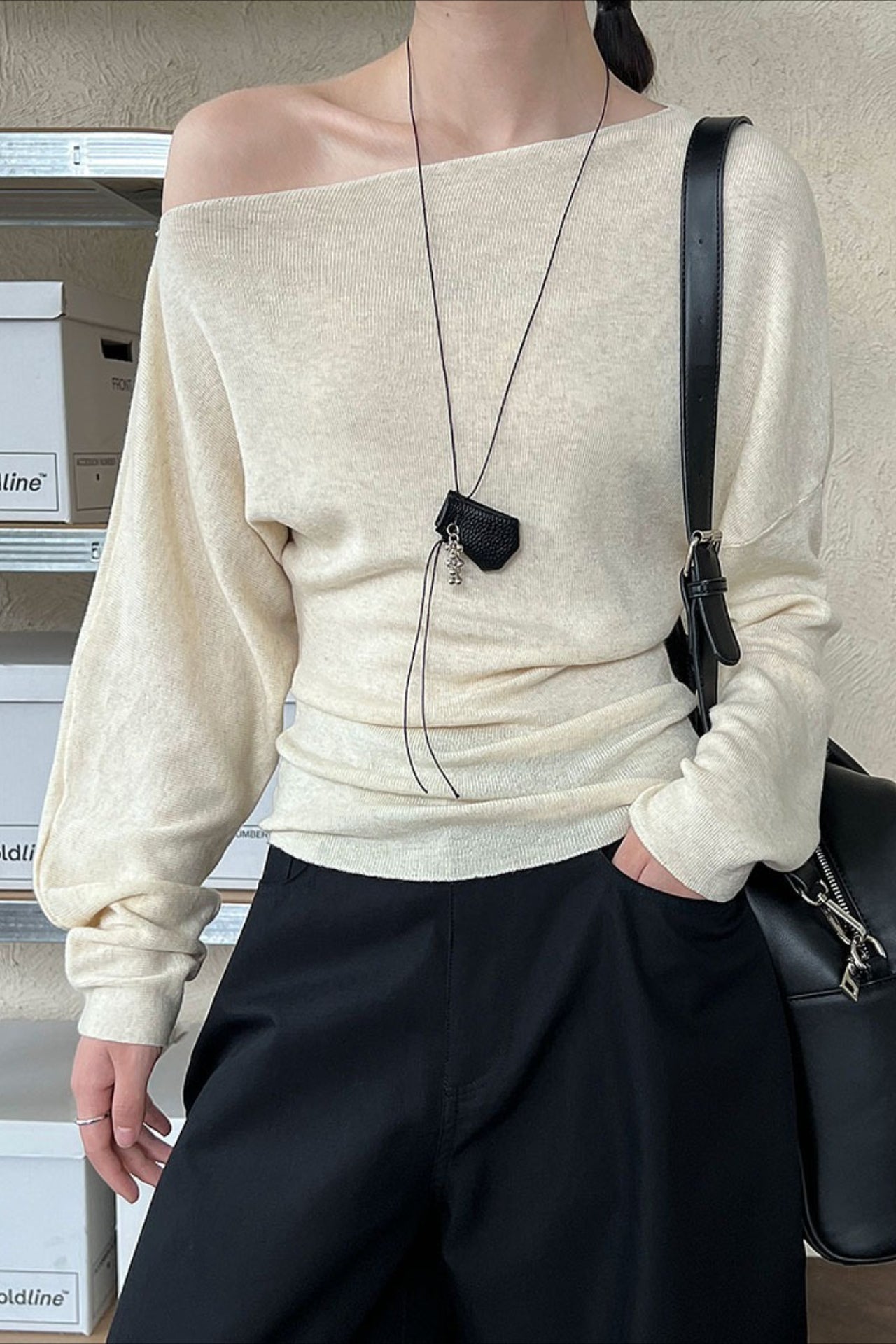 Waist Defining Asymmetric Shoulder Knit Top
