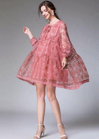 Vestido de fiesta de encaje de primavera de moda rosa elegante de manga larga 