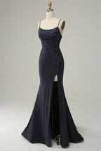 Spaghetti Straps Beaded Mermaid Prom Dress with Split