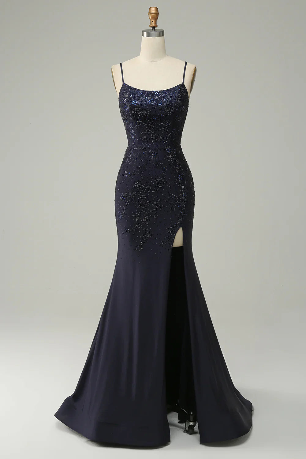 Spaghetti Straps Beaded Mermaid Prom Dress with Split