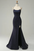 Spaghetti Straps Beaded Mermaid Prom Dress with Split