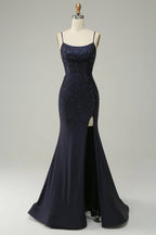Spaghetti Straps Beaded Mermaid Prom Dress with Split