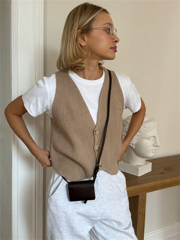Camiseta sin mangas informal de punto con cuello en V para mujer, nueva camiseta abotonada, sin mangas, ajustada, para salir a la playa y vacaciones, 2024 
