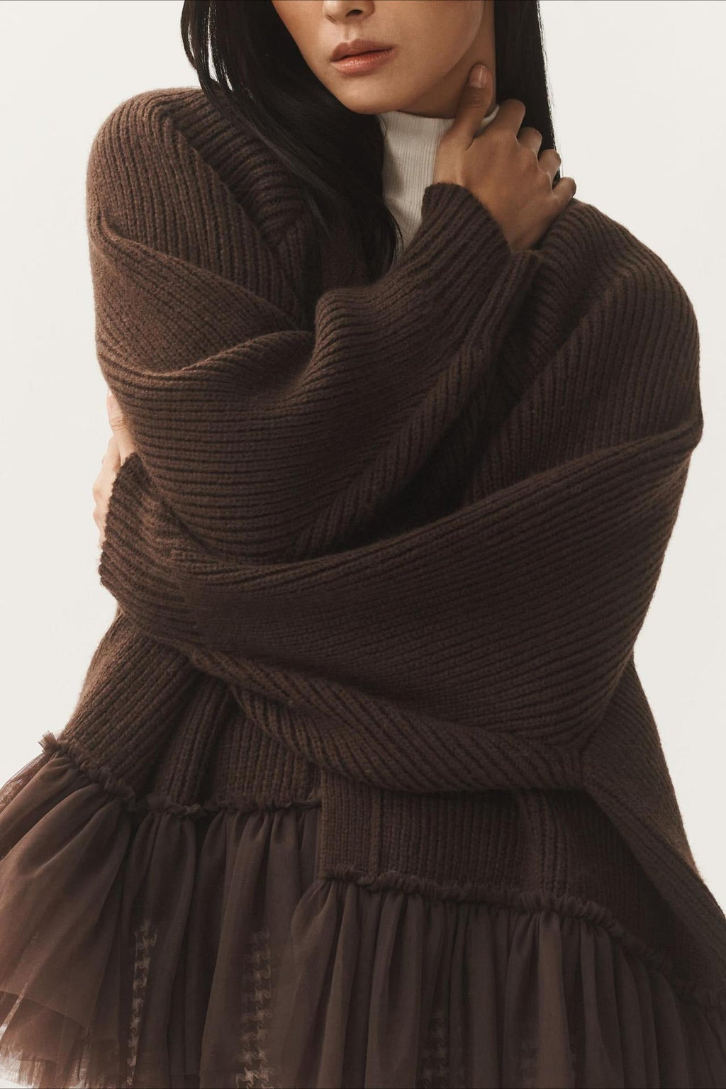 Ruffled Tulle Knit Long-Sleeve Cardigan