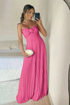 Elegantes, langes, rosafarbenes A-Linien-Abendkleid mit Rüschen und Herzausschnitt