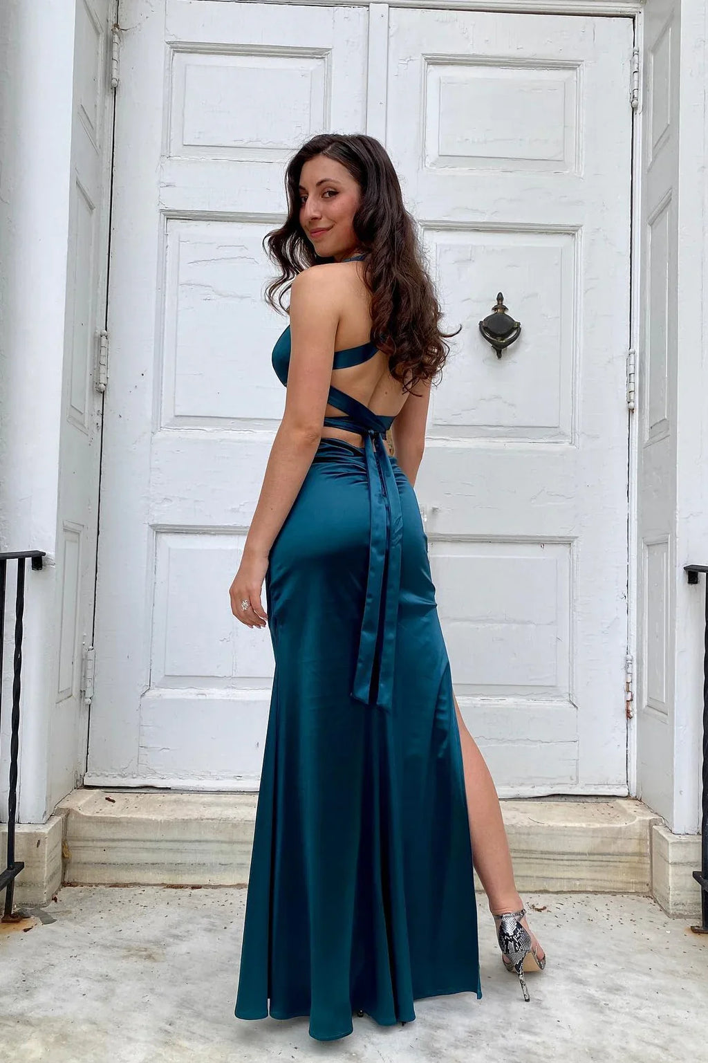 V-neck Ink Criss-cross Back Long Dress