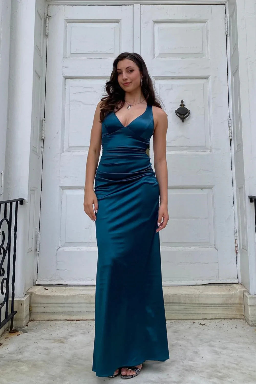 V-neck Ink Criss-cross Back Long Dress