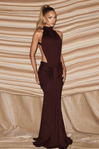 Chic Halter Ruched Open Back Elegant Gown Maxi Dress