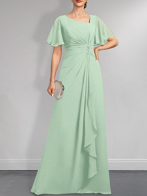 Vestido de gasa para madre de la novia, corte A, asimétrico, largo hasta el suelo, con lentejuelas y cuentas plisadas