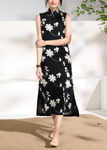 Beautiful black print cotton clothes stand collar side open cotton robes Dresses