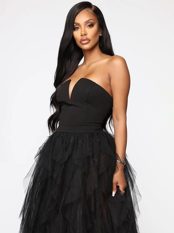 Tulle Dress Off The Shoulder Tiny V-Neck Backless Prom Party Maxi Dresses