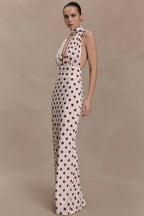 Polka Dot Deep V Tie Bodycon Maxi Dress