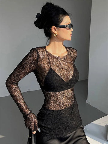 Tossy Black See-Through Sexy Pullover T-shirt Female Slim Patchwork Long Sleeve Hollow Out Streetwear Summer Women's Tee Clothes