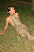 Leopard Halter Tie Back Asymmetrical Maxi Dress