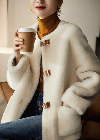 Elegante Beige O Neck Taschen Taste Patchwork Wolle Mäntel Winter 