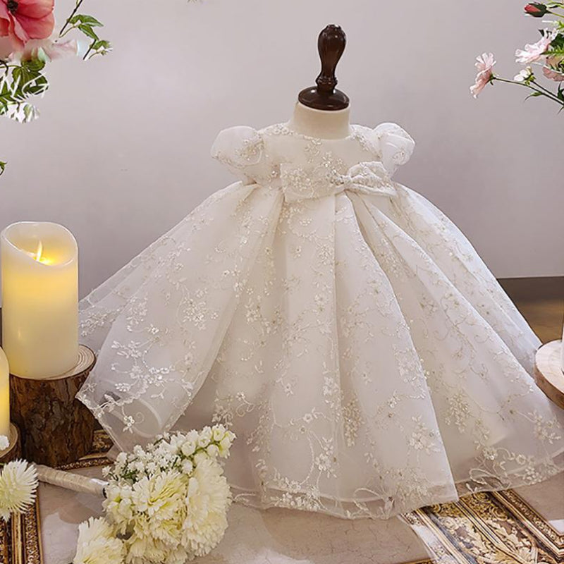 Vestido de comunión con lazo y mangas abullonadas estampado para niña de las flores 