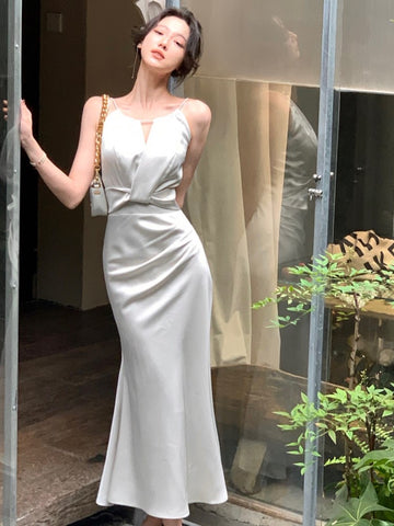 Nuevo vestido midi de verano para mujer, elegante, sin mangas, liso, con cuello halter, ajustado, de sirena, para fiesta de noche, vestido de graduación, vestido de una pieza 