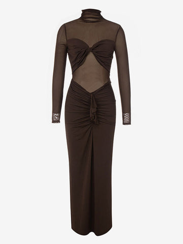 Maxi Dress High Collar Long Sleeves Sexy Layered Pleated Floor Length Dress