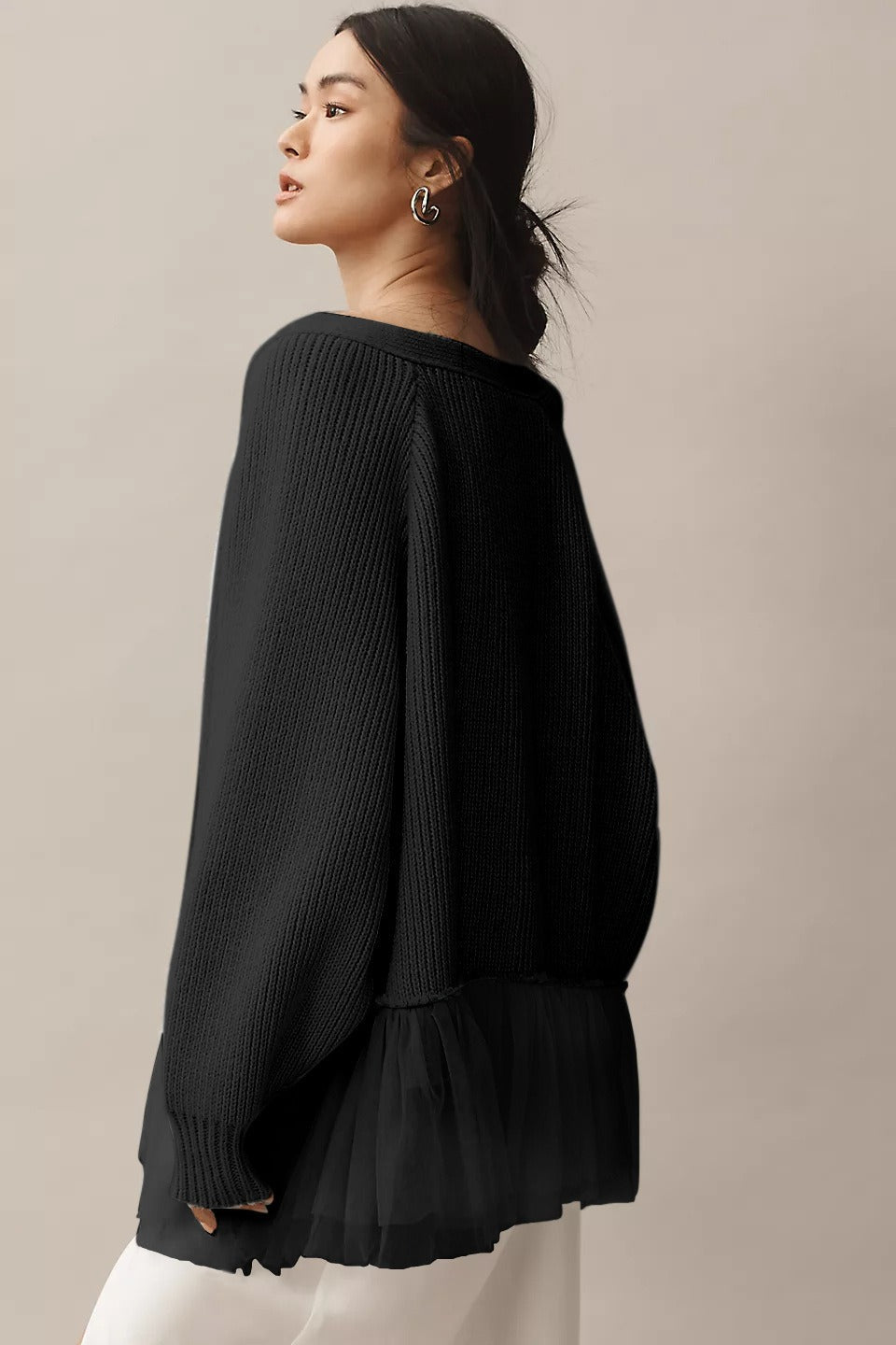 Ruffled Tulle Knit Long-Sleeve Cardigan