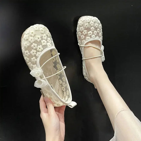 Off-white Mesh Japanese Style Lolita Cute Gothic Shoes for Women Kawaii Flat Flats Low Heel Elegant Round Toe Mary Jane on Offer