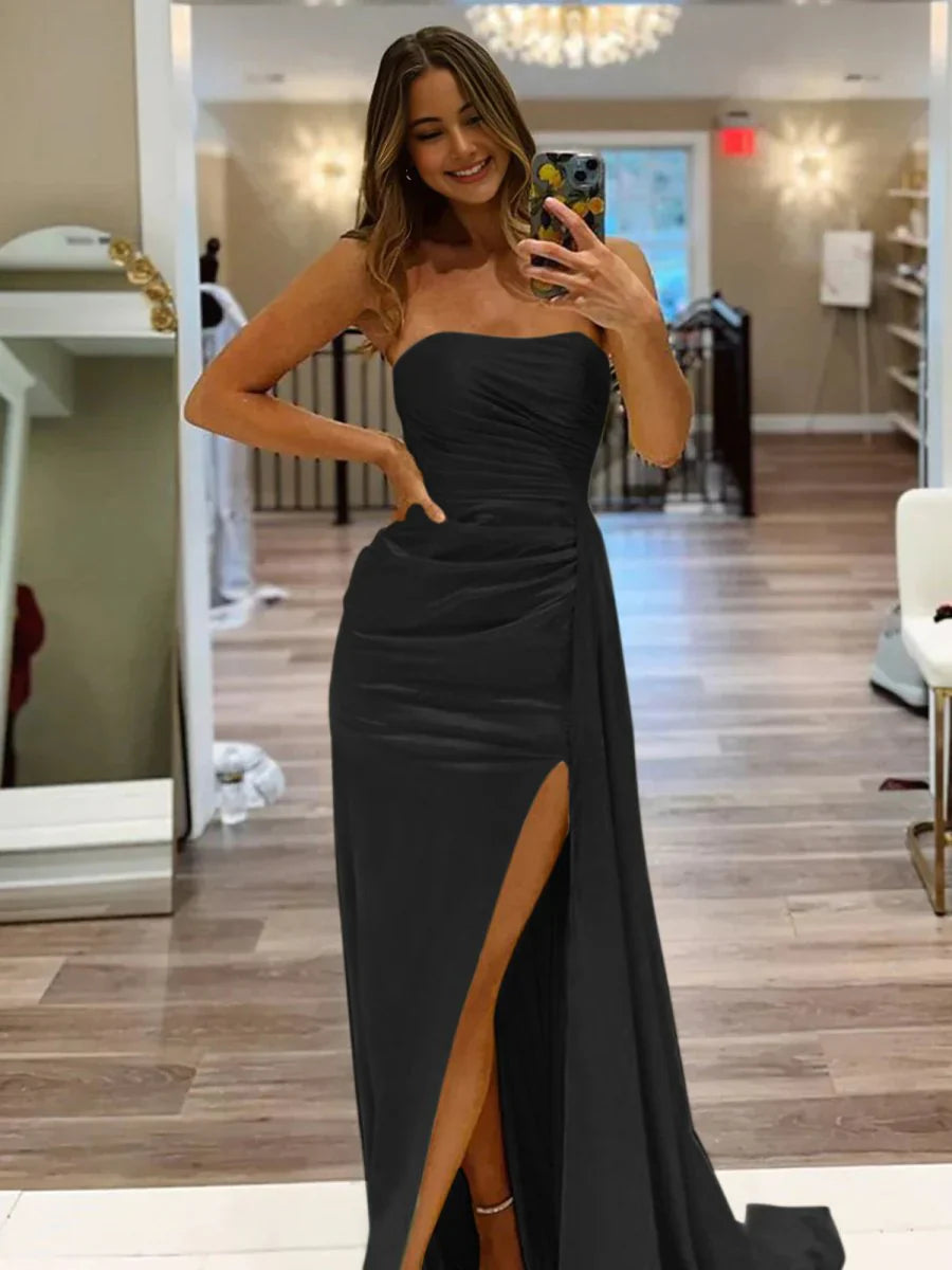 Meerjungfrauen-Abendkleid aus Satin, trägerlos, lang, mit Schlitz