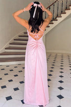 A-Linien-Abendkleid mit Spaghettiträgern, rosa, rückenfrei