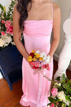 A-Linien-Abendkleid mit Spaghettiträgern, rosa, rückenfrei
